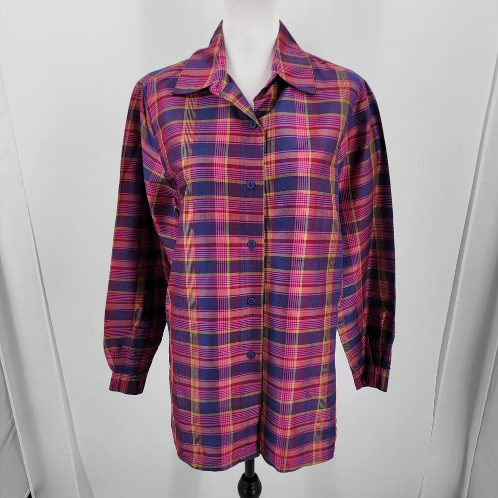 Silk Lore Blouse Womens Medium Silk Plaid Button Up